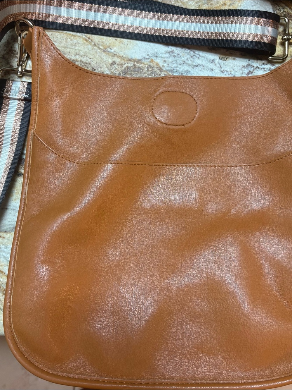 Classic Tan Leather Shoulder Bag with Striped Adjustable Strap